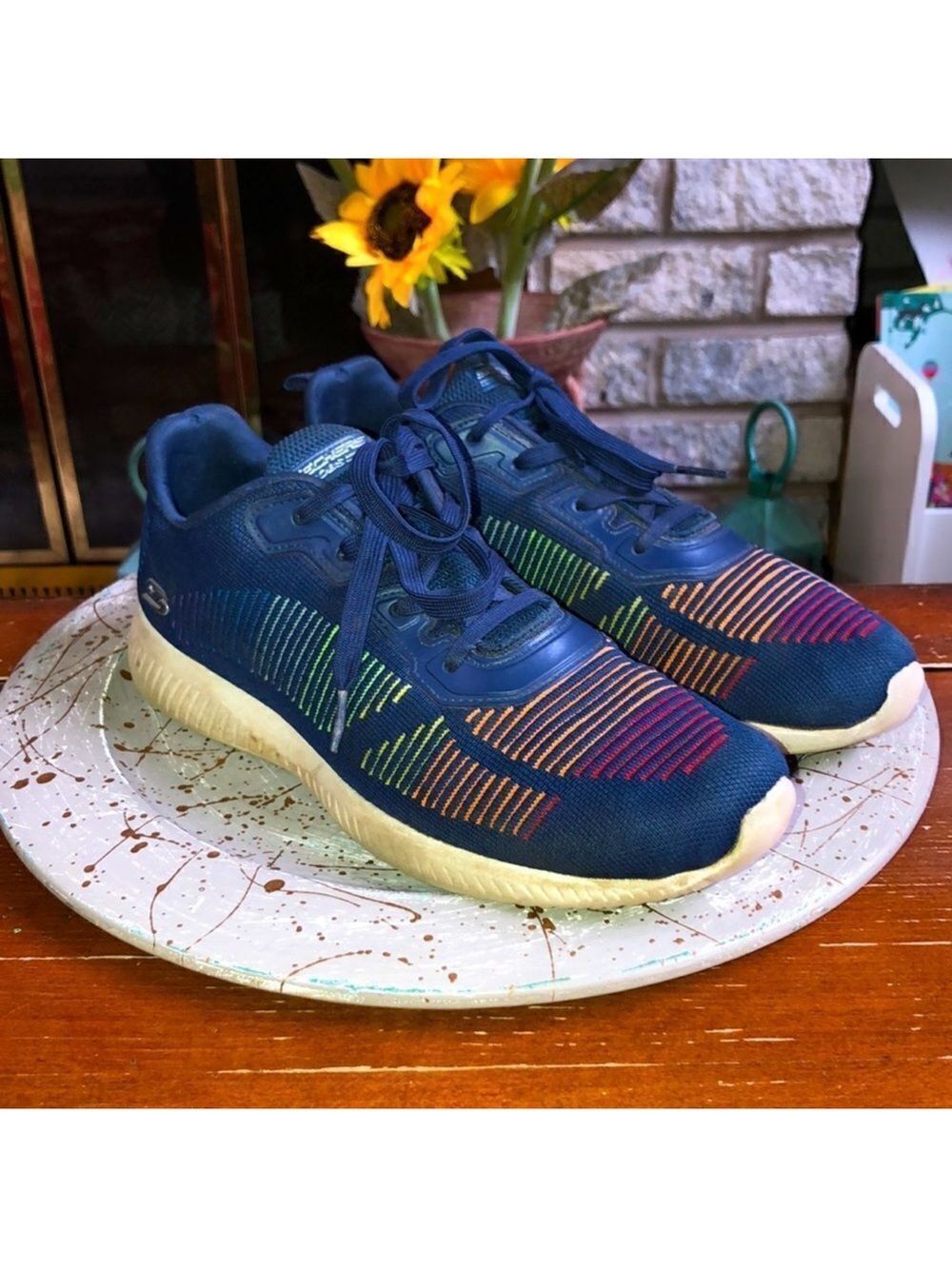 Bobs 10 by Sketchers Navy Multicolored Stripes Worn in Knit Sneakers